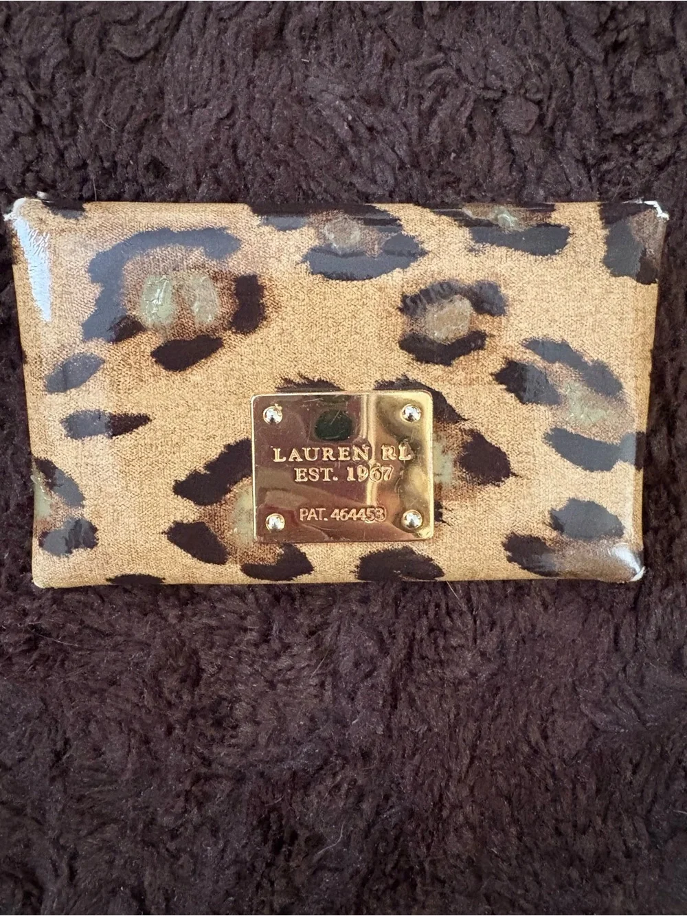 Ralph Lauren patent Leather Leopard Print Envelope Clutch Wallet - Brown